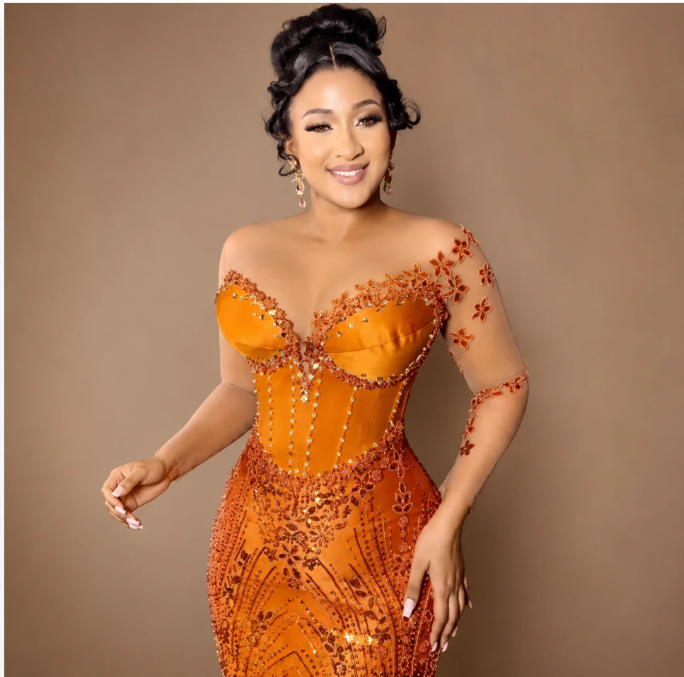 Burnt-orange beaded gown, custom made at Salimar Fashion and Tailor in Columbus, Ohio