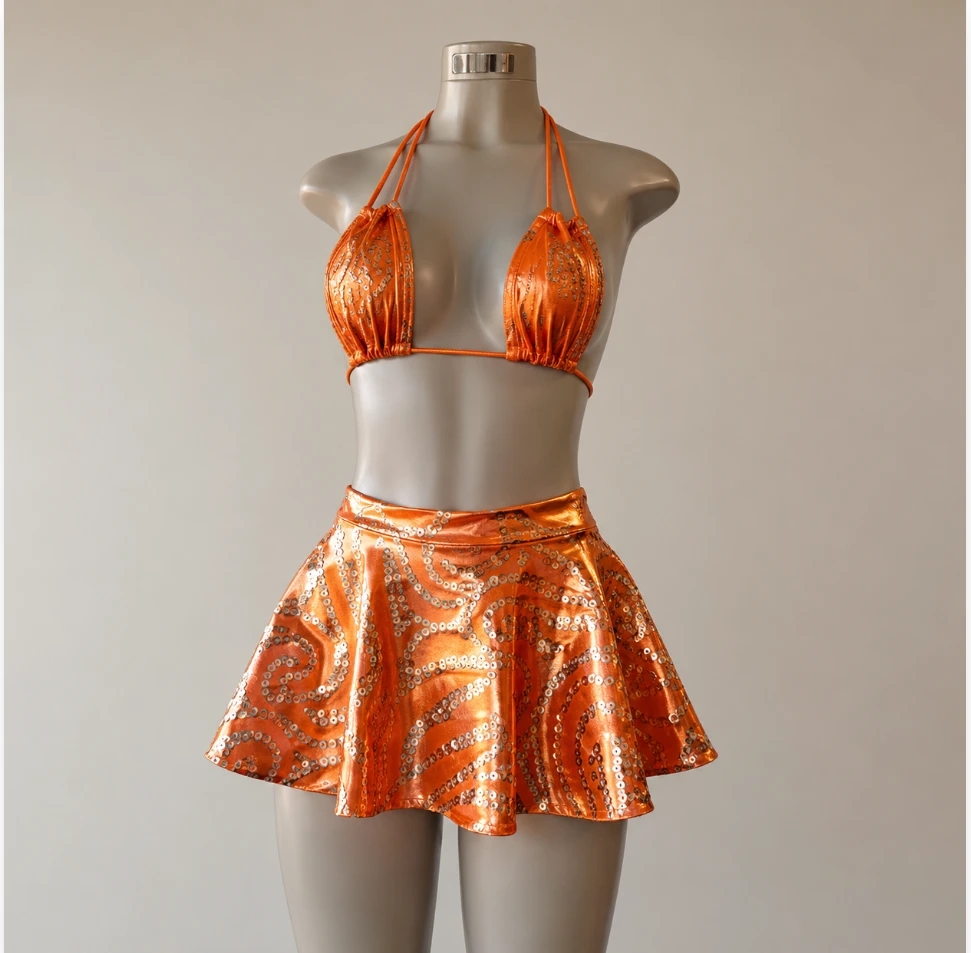 Orange sequined two-piece set, custom made in Columbus