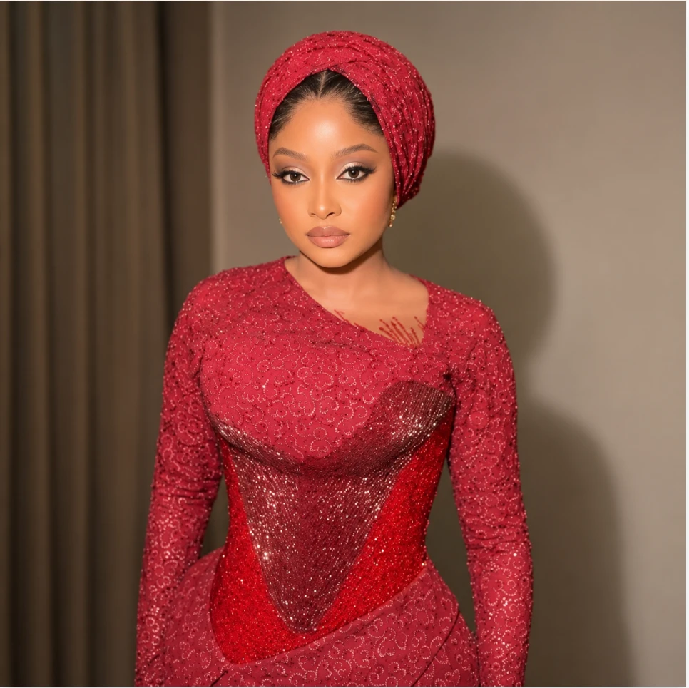 Crimson lace gown with matching headwrap, custom fashion made to order in Columbus